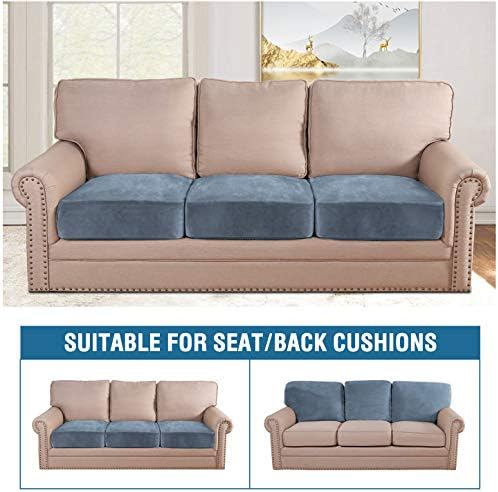 H.VERSAILTEX Velvet Stretch Couch Cushion Cover Plush Cushion Slipcover for Sofa Cushion Furniture Protector Seat Cushion Sofa Cover (3 Piece Sofa Cushion Covers, Stone Blue) - Image 3