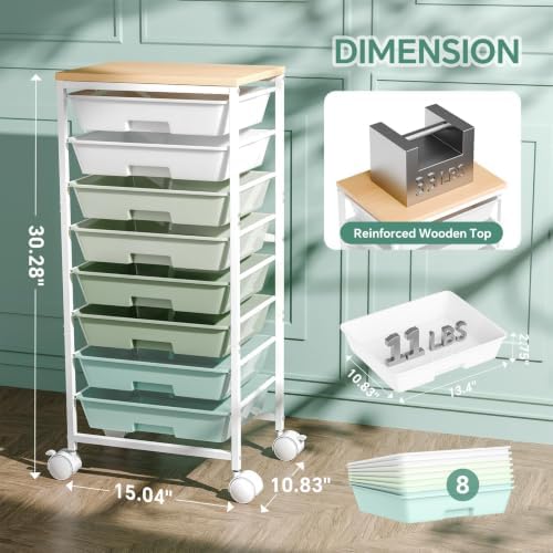 Ekisemio Utility Cart Organizers with Wheels and 8 Drawers, Little Rolling Craft Cart with Wooden Tabletop for Classroom, Office, Living Room, Craft Room, Green - Image 2