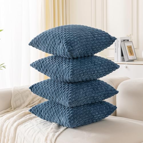 Set of 4 Blue Decorative Throw Pillow Covers 16x16 Inch Corduroy Pillow Covers for Bed Couch Sofa Living Room Soft Square Cushion Cases - Image 7