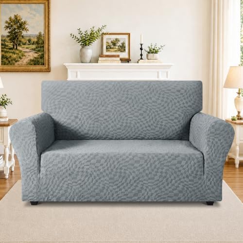 ZNSAYOTX 1 Piece Stretch Loveseat Covers for 2 Cushion Couch (55"-71"), New Plaid Couch Cover with Non-Slip Buckle for Dog Pets, Soft Cozy Washable Sofa Slipcover Form Fit Protector, Light Grey - Image 2