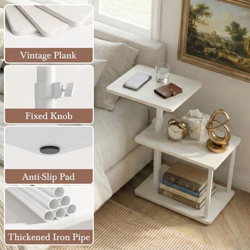 Faesun 360° Swivel Side Table for Height Adjustable, C Shaped End Table for Couch with Storage, 3-Tier Night Stand with Open Shelf, Tv Tray for Small Spaces, Living Room, Bedroom, White - Image 6