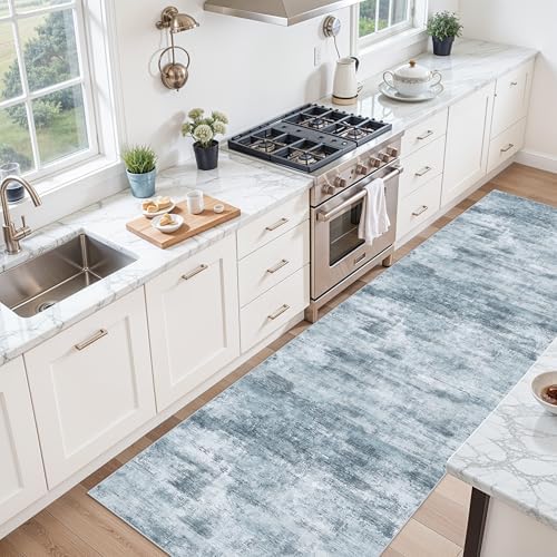 3x10 Ft Long Wide Hallway Runner Rug – Non-Slip Washable Wide Kitchen Runner, Low-Pile Thin Modern Abstract Floor Rug for Indoor Entryway, Bedroom, Living Room (Blue Grey) - Image 2