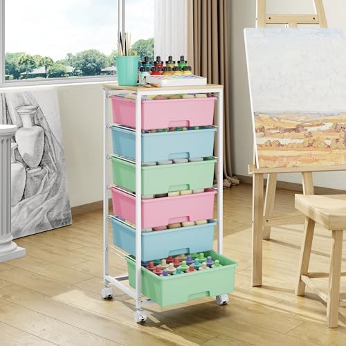 6 Drawer Rolling Storage Cart with Wooden Top and Wheels for Craft Rainbow - Image 2