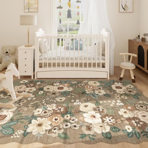 DUKINO 6x9 Area Rugs, Floral Washable Living Room Rug Non Slip, Light Taupe - Image 5