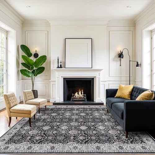 Washable 8x10 Living Room Rug: Vintage Low Pile Water Resistant Area Rug with Non-Slip Backing for Bedroom Dining Room Distressed Carpet for Nursery Indoor Soft Floor Mat for Home Office (8x10 Black) - Image 4