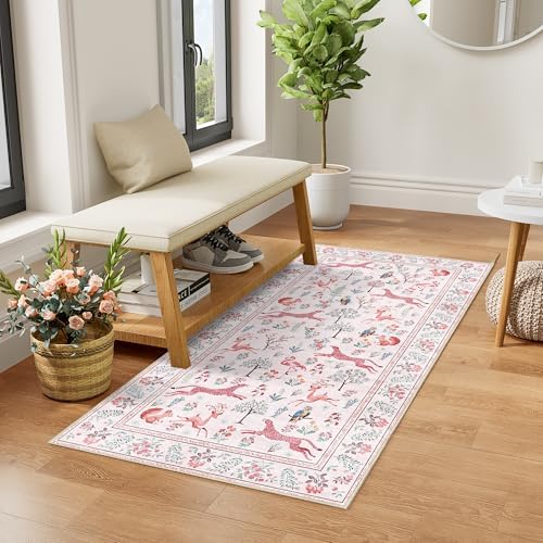 DUKINO 2x4 Rug for Entryway, Animal Washable Runner Rug for Kitchen, Pink - Image 3