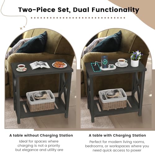Hadulcet Farmhouse End Tables Living Room Set of 2 - Narrow Side Table with Charging Station, Slim Nightstand for Small Space, Skinny Bedside Table, Sofa Side Table with Storage Shelf, Black - Image 5