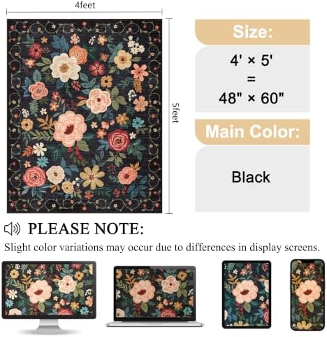DUKINO 4x5 Area Rug for Entryway, Soft Floral Washable Rug Non Slip, Black - Image 2