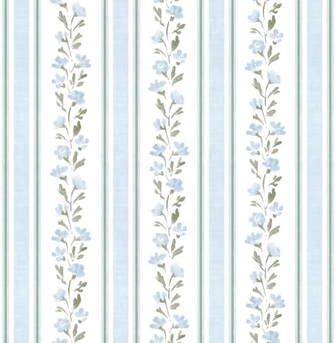 Safiyya Peel and Stick Wallpaper Stripe Floral Wall Paper Removable Blue White Green Contact Paper 17.7''x78.7'' Waterproof Self Adhesive Vinyl Boho Wallpaper for Bedroom Living Room Decor by SAFIYYA