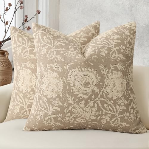 Vintage Floral Print Throw Pillow Covers 18x18 Set of 2 Neutral Modern Farmhouse Pillowcases Accent Decorative Cushion Covers Boho Home Decor for Couch Sofa Chair Bed Living Room, Latte by DKwizme