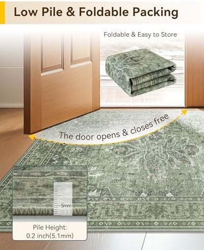 RELEANY Washable Area Rug, Runner 2'6"x14', Green/Dark Green/Gray - Image 4