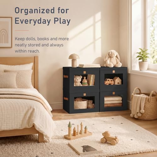 DIMJ Storage Bins with Lids - 6 Pack Front Opening Stackable Fabric Storage Boxes with Clear Window & Handles, Collapsible Closet Organizers for Clothes, Sweaters, Shelf Storage, Bedroom, Black - Image 4