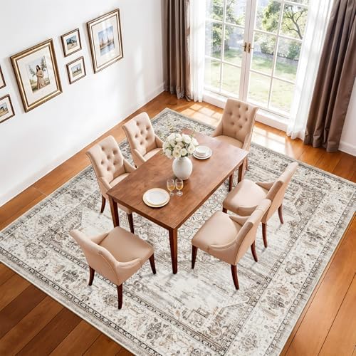 10x10 Square Area Rug: 10ft Square Washable Living Room Rugs Ultra Thin Soft Oriental Non-Slip Backing Farmhouse Rug Low Pile Thin Stain Resistant Indoor Carpets, 10' x 10' Beige - Image 3