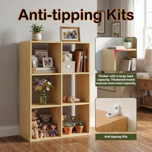 WannabeMyself【Sturdy Build&Easy Assembly】6 Cube Storage Organizer with Anti-Tipping Kits,Reversible Open Back Book Shelf, Bookcase for Living Room,Bedroom,Entrance Hall,Office,24.1×11.4×35.9,Oak Color - Image 3