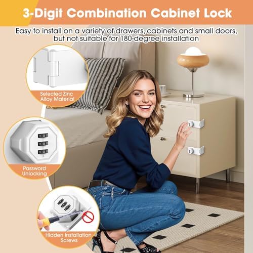90 Degree Cabinet Locks with Combination, Mechanical Folding Door Latch, Keyless Password Rotary Hasp Latch Lock for Office File Cabinet, Drawers, Locker, Small Door, Cupboard (2, White) - Image 2