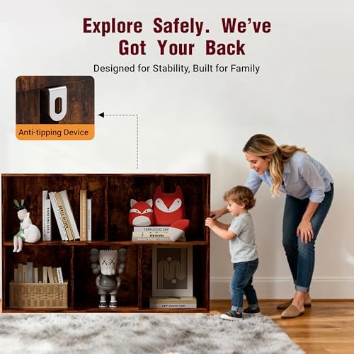 Book Shelf, Wooden Cube Storage Organizer with 11" Open Cubes, Stackable Bookcase for Room Divider Storage, 2 Tier Bookshelf for Living Room, Bedroom, Office (Indonesian Antique Oak, 5-Cube) - Image 4
