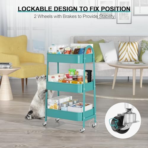 EAGMAK 3 Tier Utility Rolling Cart, Metal Storage Cart with Handle and Lockable Wheels, Multifunctional Storage Organizer Trolley with Mesh Baskets for Kitchen, Living Room, Office, Garage (Turquoise) - Image 4