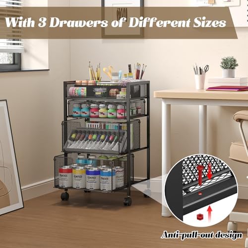 4-Tier Rolling Utility Cart with 3 Drawers, Craft Organizer and Storage with DIY Divider, Art-Craft Supplies with Caster Wheels, Multi-Functional Storage For Classroom, Office, Paints, Artifacts - Image 5