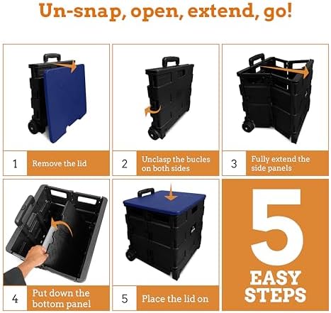 Inspired Living Collapsible Ultra-Slim Pack-N-Roll,2 Wheel Utility Cart w/Lid Used as Seat up to 250 Lbs, Telescopic Handle - Super Strong, for Home, Garden, Shopping, Office, School use, Large, Blue - Image 6