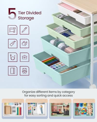 VASAGLE Rolling Cart with Drawers,5 Drawers Storage Cart, Green and White - Image 6