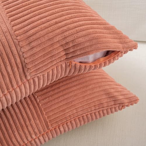 Fancy Homi 2 Packs Coral Decorative Throw Pillow Covers 18x18 Inch for Living Room Couch Bed, Rustic Farmhouse Boho Home Decor, Soft Corss Corduroy Patchwork Textured Peach Cushion Case 45x45 cm - Image 4