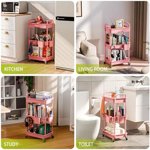 Sorgion 3 Tier Rolling Cart Organizer,Laundry Room Bathroom Organizers and Storage Office Shelves Mobile Shelving Unit Kitchen Trolley Cart with Wheels for Art,Craft,Diaper,Bedside,Snack(Pink) - Image 6