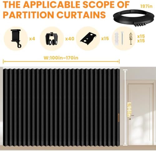Room Divider Curtain Sets with Flexible Ceiling Track, Privacy Soundproof Curtain for Bedroom Office Patio Sliding Door(Black, W180 x L96, 1 Pack) - Image 2