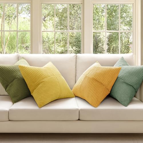 MIULEE Boho Farmhouse Spring Decorative Throw Pillow Covers 20x20 Inch 4 Packs Soft Vintage Pillow Cases Modern Corduroy Patchwork Cushion Covers for Couch Sofa Bed Summer Home Decor, Yellow Green - Image 2