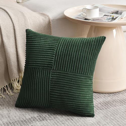 Fancy Homi Set of 2 Dark Green Samll Decorative Throw Pillow Covers 14x14 Inch for Living Room Couch Bed, Boho Farmhouse Forest Green Home Decor, Soft Corss Corduroy Patchwork Textured Cushion Case - Image 2
