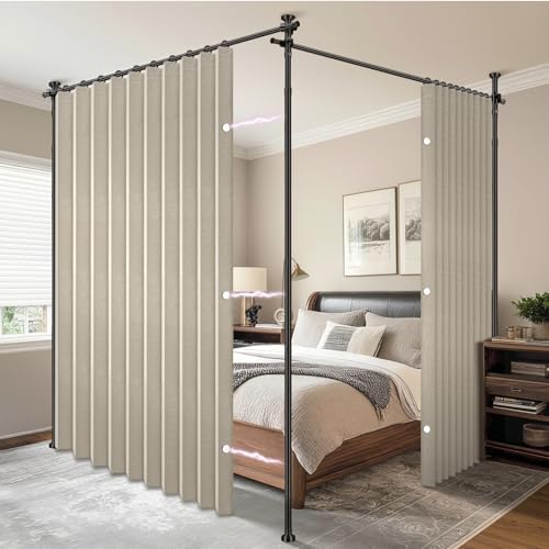 AJAZZ Room Divider Curtain (2 Panels, Cream White, W100 x L84 in)+ Curtain Rods No Drilling Adjustable Tension (H) 43-120×(W) 35-200 in, Heavy Duty Wall Divider for Apartment/Dorm by AJAZZ