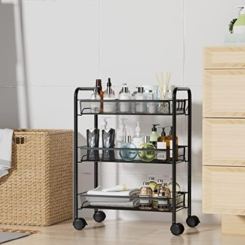 3-Tier Mesh Rolling Cart - 24.8" H Fits Under Desk Metal Cart with Wheel - Image 6