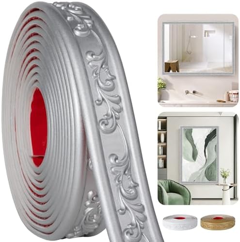 Peel and Stick PVC Crown Molding Trim, 16.4 Ft x 1.8" Flexible Self Adhesive Wall Trim, Decorative Molding Strip for Mirror Frame Baseboard Cabinet Home Decor (Silver) by TopZenMarketplace