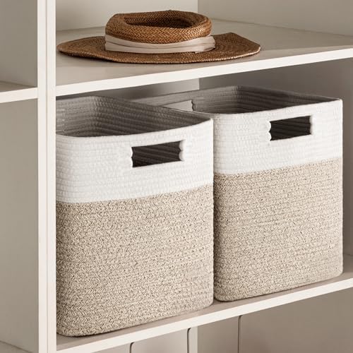 UBBCARE Set of 4 Storage Cubes-13 X 13 X 13 In, Cotton Rope Basket for Shelves, Toys, Book, Cube Storage Bin with Handles, Woven Storage Basket for Organizing, White/Brown - Image 6