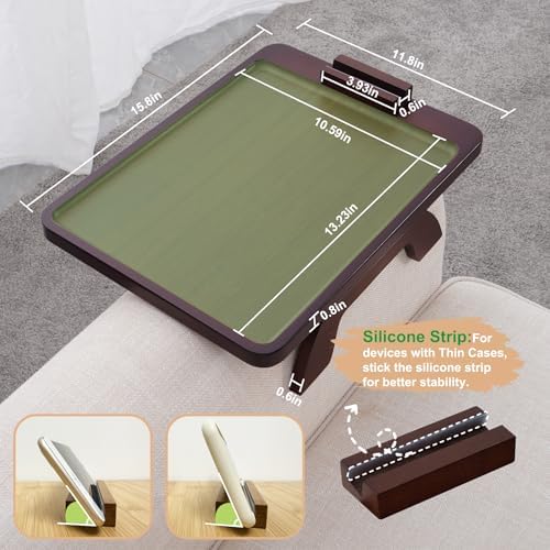 SINWANT Couch Arm Tray Table, Large Space 15.75"x 11.8" Bamboo Couch Armrest Table with 360° Rotating Phone Holder,Foldable Sofa Armrest Tray for Eating Snacks Drinks Remote Books - Image 5