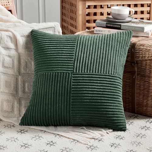 Fancy Homi Set of 2 Dark Green Decorative Throw Pillow Covers 16x16 Inch for Living Room Couch Bed, Boho Farmhouse Forest Green Home Decor, Soft Corss Corduroy Patchwork Textured Cushion Case - Image 2