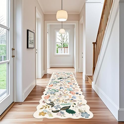 3x10 Washable Hallway Runner Rug: Long Floral Scalloped Soft Runners for Kitchen Entryway Non Slip Bathroom Nursery Floor Mat 10ft Water Resistant Low Pile Carpet for Living Room Bedroom(3x10,Cream) - Image 2