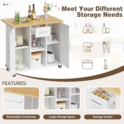 Shintenchi Kitchen Island with Storage, Bar Cart Cabinet Island Table on Wheels, Rolling Microwave Cart for Kitchen with Drop Leaf, Drawers, Towel Rack, Seating Area for Dining Room, White - Image 5