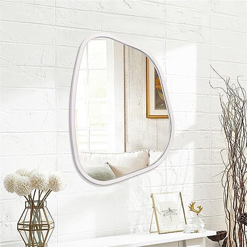 Irregular Oval Wall Mirror Large White 20"x16" Inches Asymmetrical Mirror Modern Wood Frame Unique Shape Wall Mounted Vanity Artistic Mirror Decor for Living Room Bedroom Bathroom Entryway - Image 2