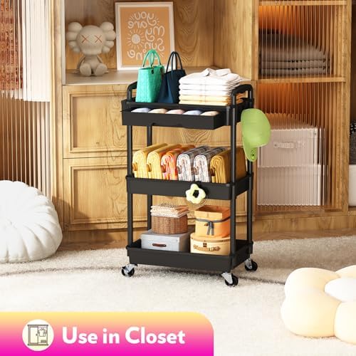 SUNALLY Makeup Cart Organizer with Drawer,3 Tier Rolling Makeup Cart, Black - Image 6