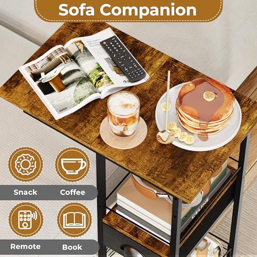 C Shaped Sofa Side Table with Wheels, Rolling Small Coffee Table with Drawer, Portable TV Tray Table for Couch, Bedside Table with Storage, Narrow Nightstand for Bedroom, End Tables Living Room - Image 4