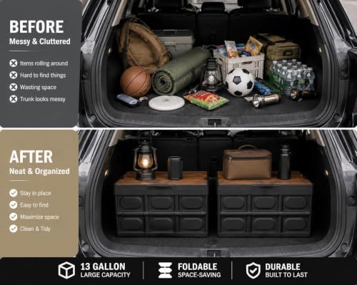 2 PSC Collapsible Storage Box with Lid, 13 Gallon Foldable Storage Bin with Wood Grain Top, Portable Organizer Tote with Handles for Car Trunk, Camping, RV, Grocery Shopping, Home Storage, Black - Image 2