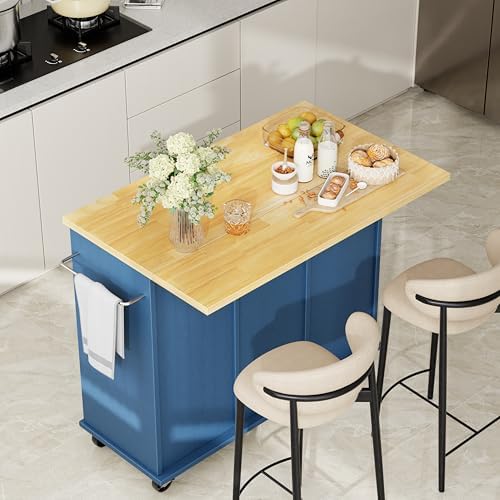 Shintenchi Kitchen Island with Storage, Bar Cart Cabinet Island Table on Wheels, Rolling Microwave Cart for Kitchen with Drop Leaf, Drawers, Towel Rack, Seating Area for Dining Room, Blue - Image 2