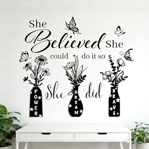 Inspirational Wall Stickers for Women - She Believed She Could Motivational Quote Decal with 3 Floral Vases & Butterflies, Removable Vinyl Decor for Bedroom, Home Office Decor - Image 5