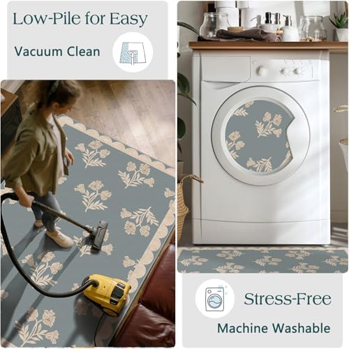 Front Door Mat Indoor Entrance - 2x4.3 Ft Floral Washable Layered Doormat Outdoor Entrance Porch Rug Non-Slip Blue Retro Farmhouse Runner Rug for Kitchen Bedroom Laundry Room Porch Decor - Image 6
