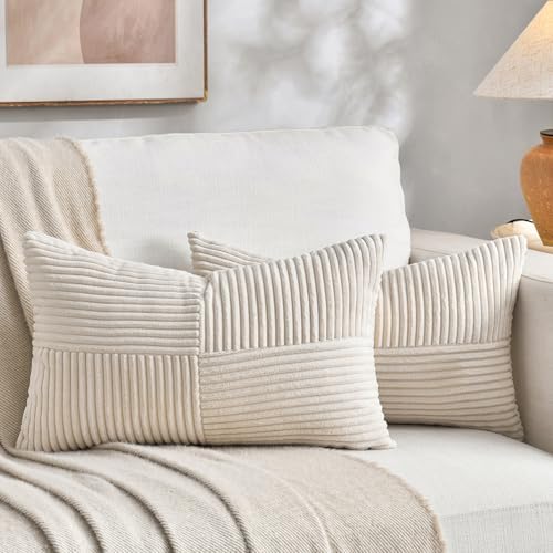Fancy Homi 2 Packs Cream Lumbar Decorative Throw Pillow Covers 16x26 Inch for Living Room Couch Bed Sofa, Rustic Farmhouse Boho Home Decor, Soft Striped Corduroy Rectangle Accent Cushion Case by Fancy+Homi