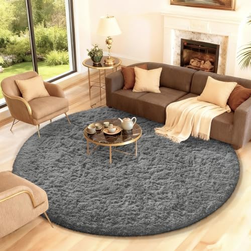 Ophanie Round Rug 7Ft Grey Circle Area Rugs,Large Fluffy Fuzzy Living Room Carpet 7 Foot,Plush Shag Solid Indoor Floor Gray Bedroom Circular Decor for Kids Teen Boys Baby,with Over 99 pcs Pile fibers by Ophanie
