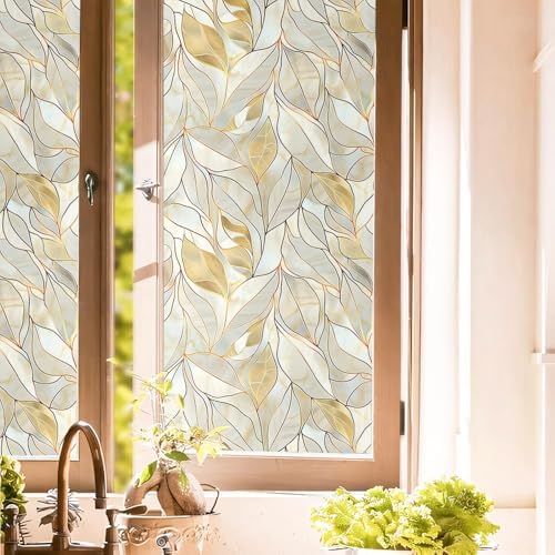 Peal Yellow Gold Leaf Stained Glass Window Films Decorative Double-Side Privacy Film Self-Adhesive Static Glass Window Clings for Living Room Bathroom Glass Windows Decor by Unknown