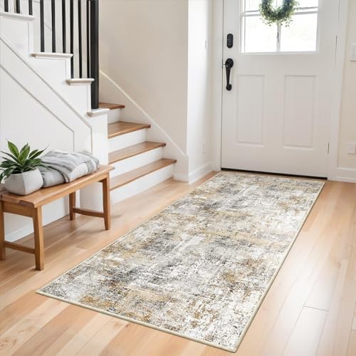 3x6 Washable Non-Slip Kitchen Runner Rug – Modern Abstract Wide Carpet Runner with Rubber Backing for Entryway, Hallway, Bathroom Low Pile Thin (Gold Grey) by ZHXXUJ