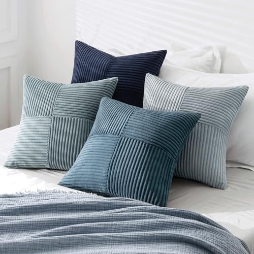 MIULEE Dusty Blue Navy Farmhouse Throw Pillow Covers 20x20 Inch Set of 4 Boho Patchwork Gradient Cushion Cases Western Modern Pillow Cases Corduroy Home Decor for Couch Sofa Living Room Bed - Image 4