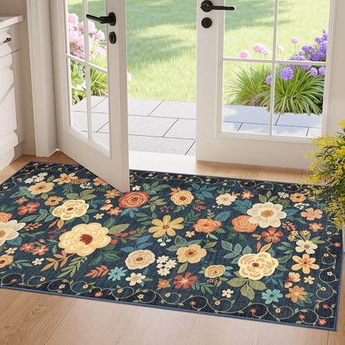DUKINO 2x4 Entryway Rug, Floral Washable Kitchen Rugs Non Slip, Navy Blue by DUKINO